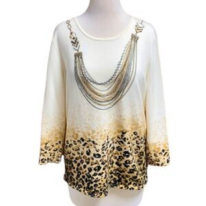 Alfred Dunner Crew 3/4 Sleeve Leopard Sweater S